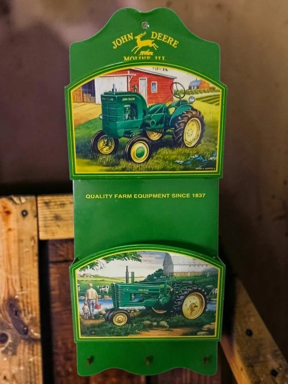 Vtg John Deere Tractor Mail Holder Key Rack Metal 3 Hooks Farmhouse Wall Decor